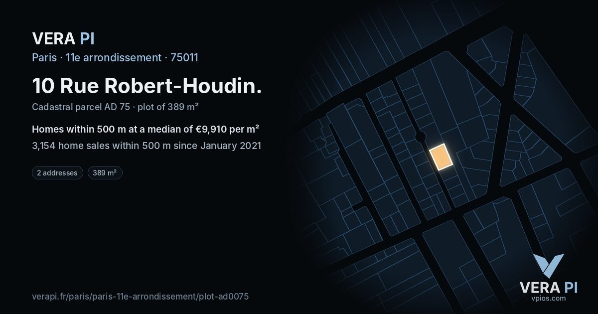 10 Rue Robert-Houdin, 11e arrondissement at night – the plot lit, the parcels around coloured by the prices near them