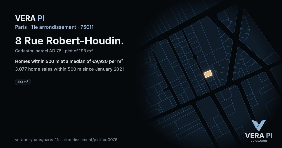 8 Rue Robert-Houdin, 11e arrondissement at night – the plot lit, the parcels around coloured by the prices near them