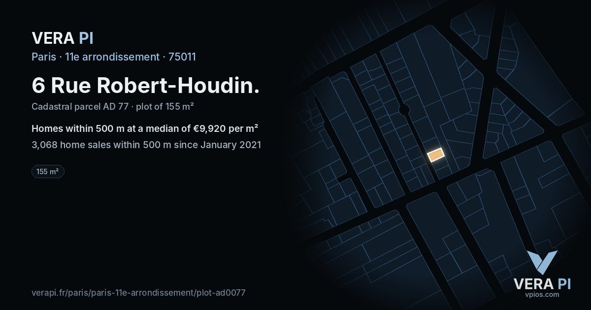 6 Rue Robert-Houdin, 11e arrondissement at night – the plot lit, the parcels around coloured by the prices near them