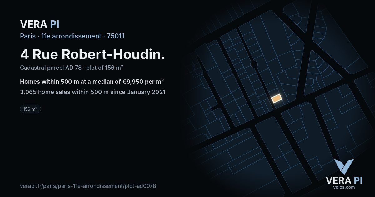 4 Rue Robert-Houdin, 11e arrondissement at night – the plot lit, the parcels around coloured by the prices near them