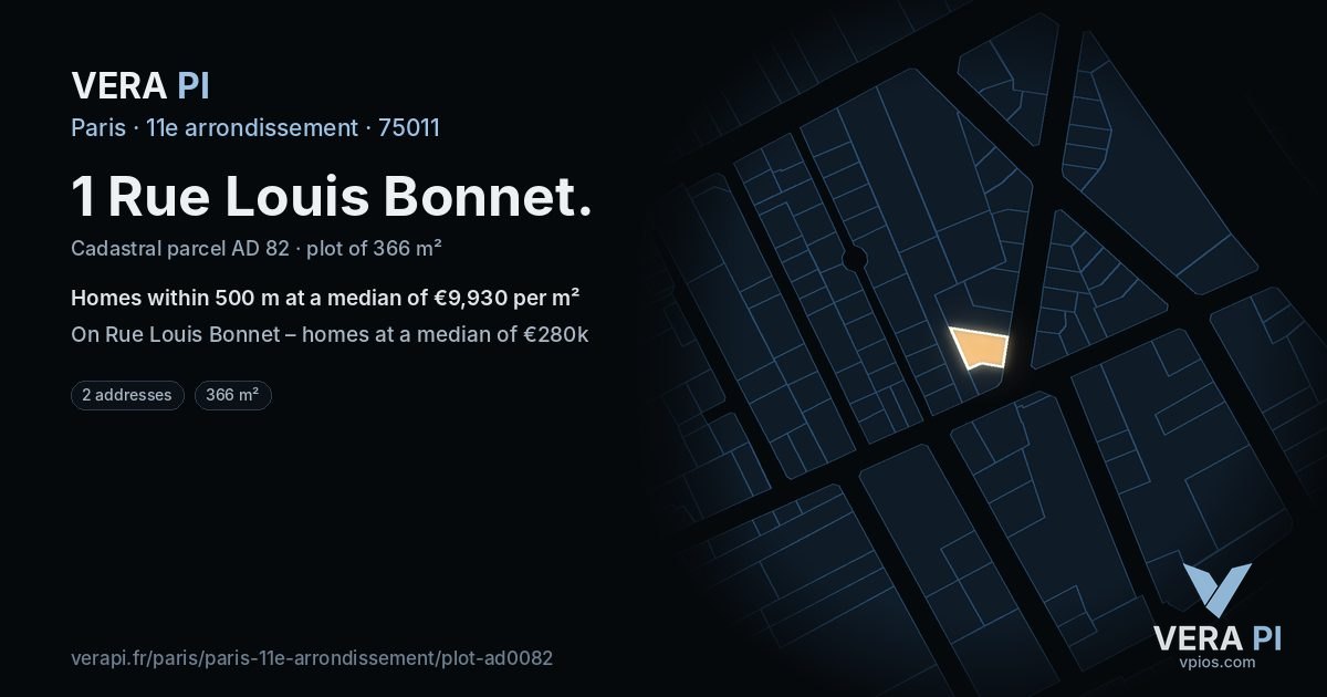 1 Rue Louis Bonnet, 11e arrondissement at night – the plot lit, the parcels around coloured by the prices near them