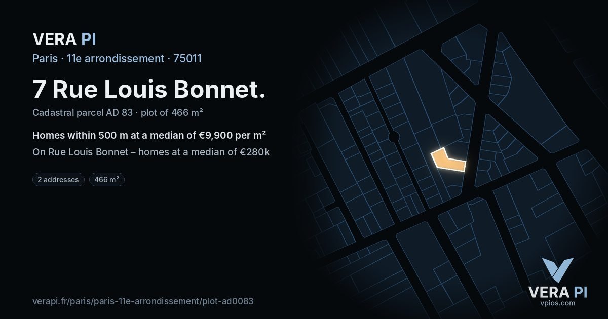 7 Rue Louis Bonnet, 11e arrondissement at night – the plot lit, the parcels around coloured by the prices near them