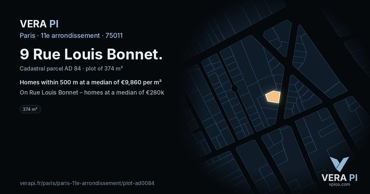 9 Rue Louis Bonnet, 11e arrondissement at night – the plot lit, the parcels around coloured by the prices near them