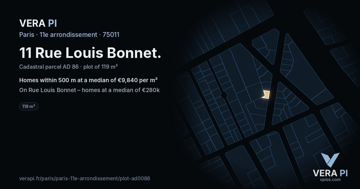 11 Rue Louis Bonnet, 11e arrondissement at night – the plot lit, the parcels around coloured by the prices near them