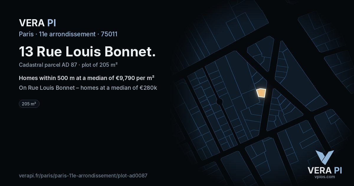 13 Rue Louis Bonnet, 11e arrondissement at night – the plot lit, the parcels around coloured by the prices near them