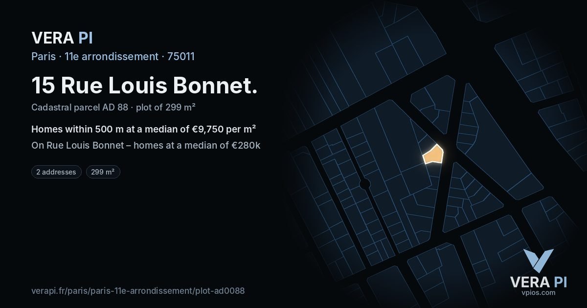 15 Rue Louis Bonnet, 11e arrondissement at night – the plot lit, the parcels around coloured by the prices near them