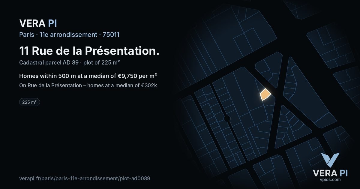 11 Rue de la Présentation, 11e arrondissement at night – the plot lit, the parcels around coloured by the prices near them