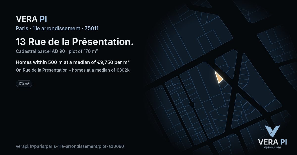 13 Rue de la Présentation, 11e arrondissement at night – the plot lit, the parcels around coloured by the prices near them