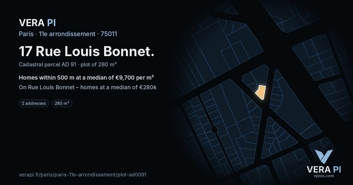 17 Rue Louis Bonnet, 11e arrondissement at night – the plot lit, the parcels around coloured by the prices near them