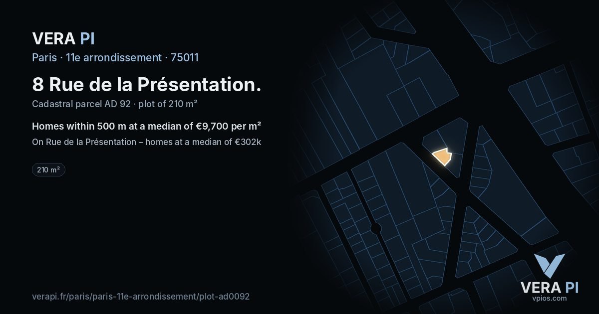 8 Rue de la Présentation, 11e arrondissement at night – the plot lit, the parcels around coloured by the prices near them