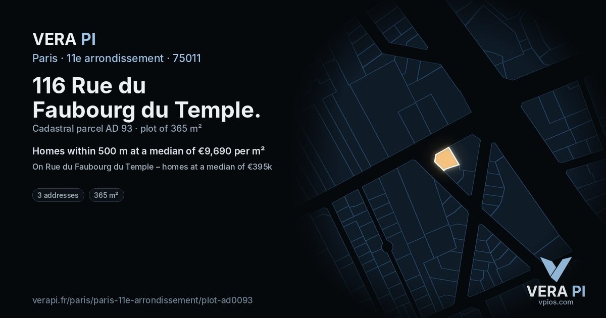 116 Rue du Faubourg du Temple, 11e arrondissement at night – the plot lit, the parcels around coloured by the prices near them