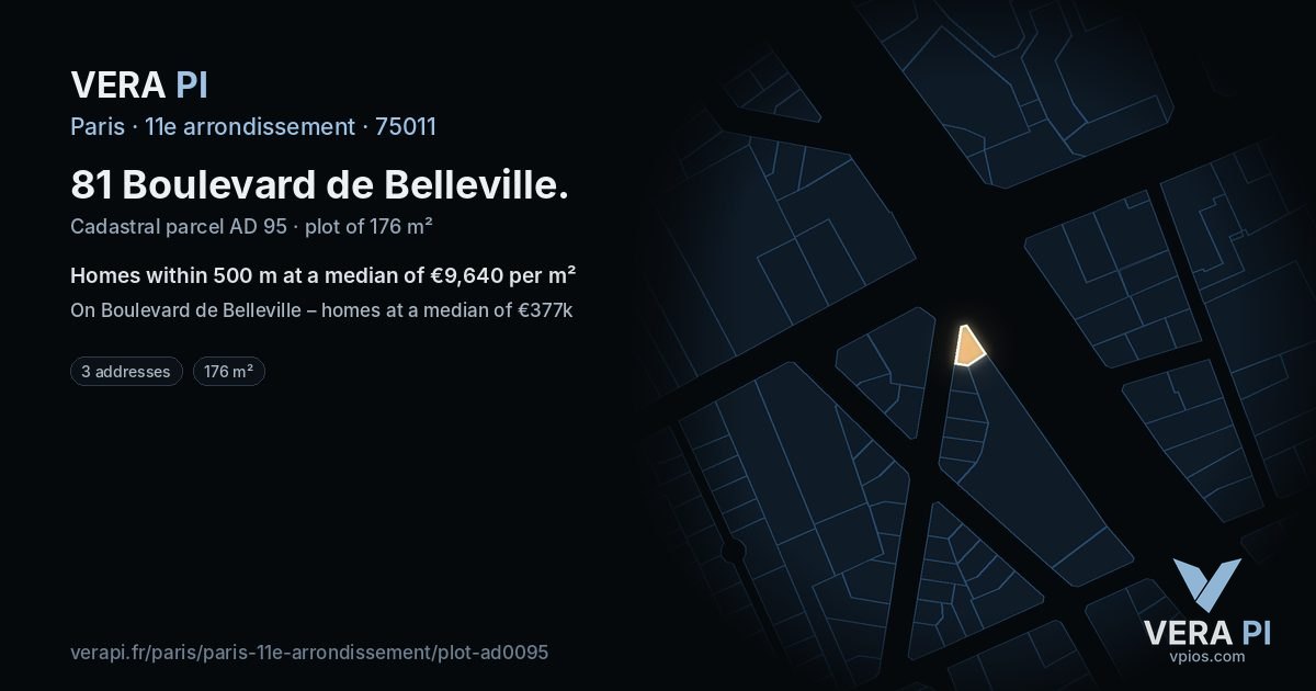 81 Boulevard de Belleville, 11e arrondissement at night – the plot lit, the parcels around coloured by the prices near them