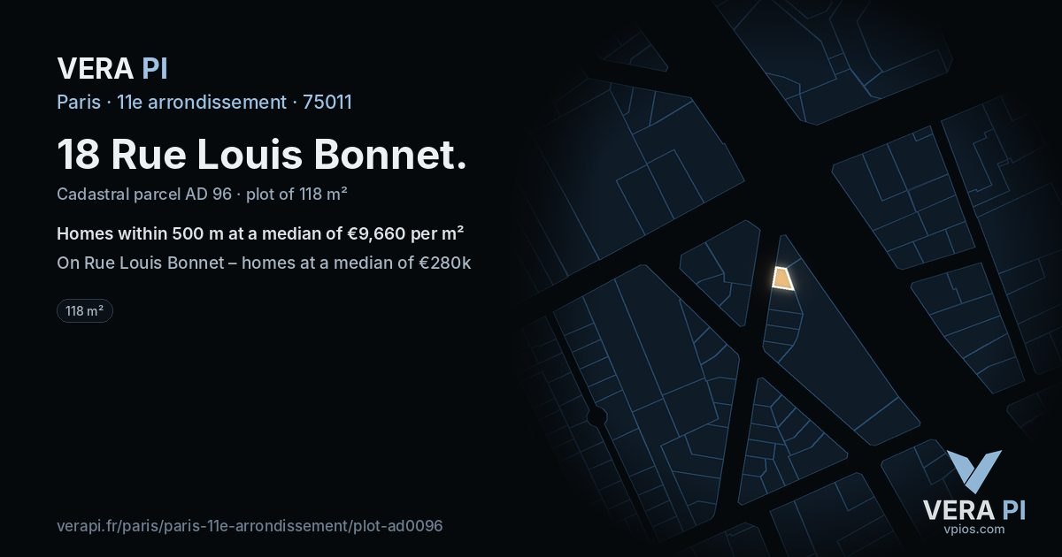 18 Rue Louis Bonnet, 11e arrondissement at night – the plot lit, the parcels around coloured by the prices near them