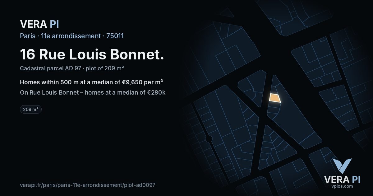 16 Rue Louis Bonnet, 11e arrondissement at night – the plot lit, the parcels around coloured by the prices near them