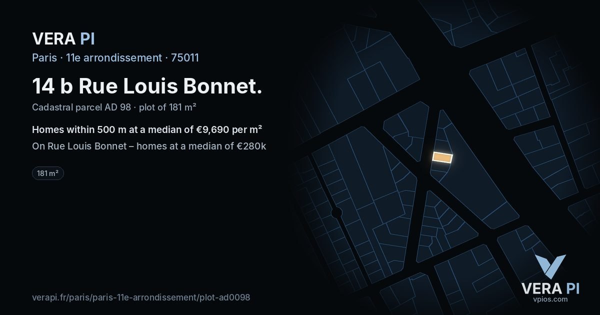 14 b Rue Louis Bonnet, 11e arrondissement at night – the plot lit, the parcels around coloured by the prices near them