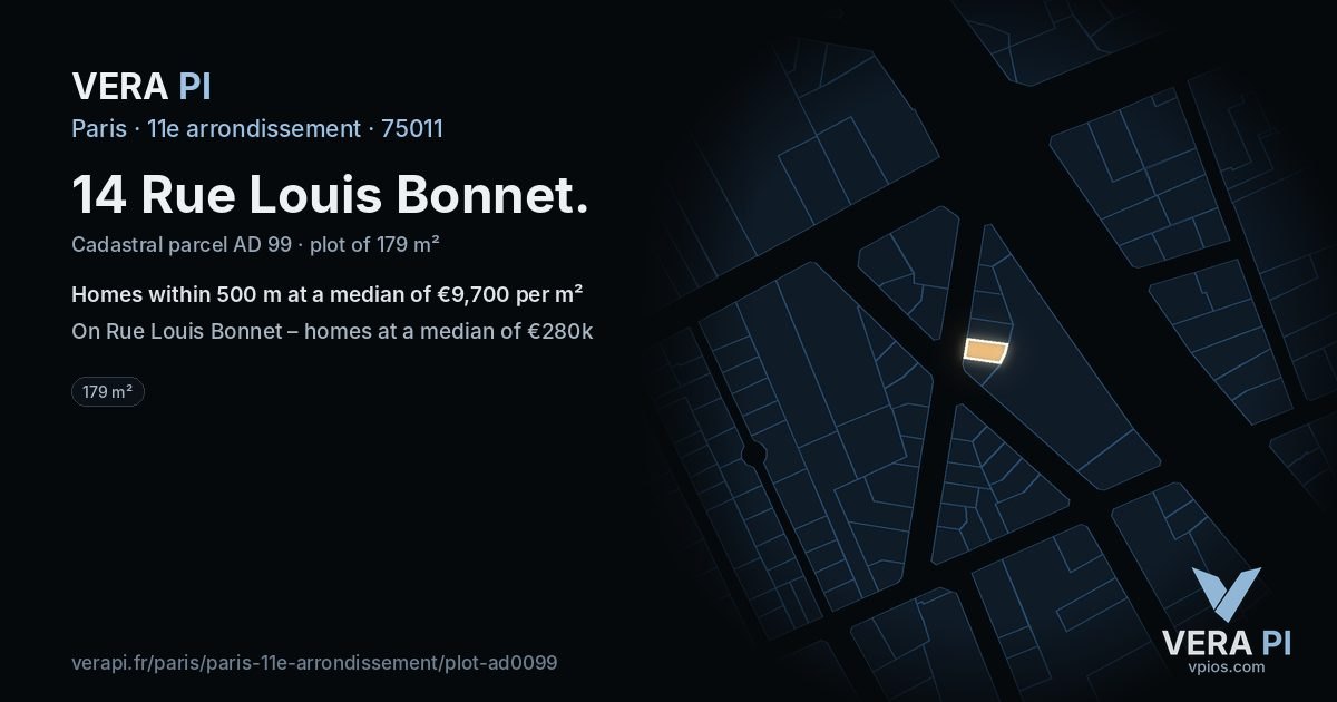14 Rue Louis Bonnet, 11e arrondissement at night – the plot lit, the parcels around coloured by the prices near them