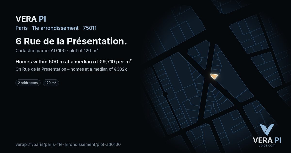 6 Rue de la Présentation, 11e arrondissement at night – the plot lit, the parcels around coloured by the prices near them