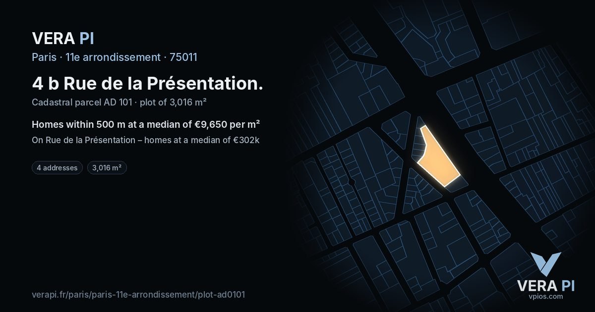 4 b Rue de la Présentation, 11e arrondissement at night – the plot lit, the parcels around coloured by the prices near them