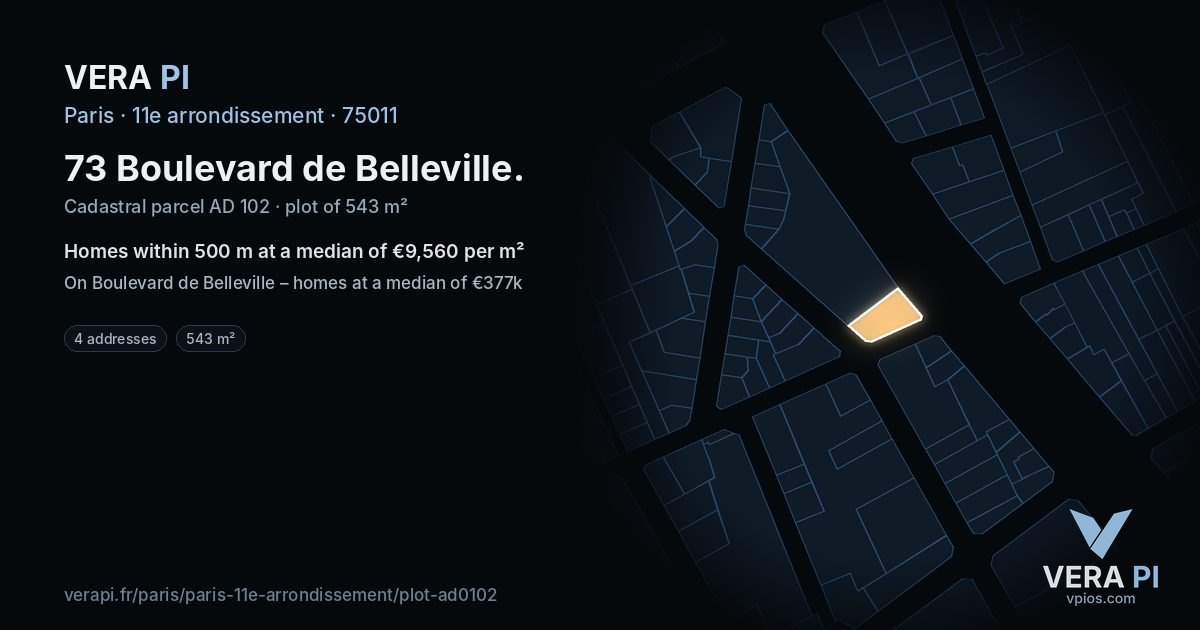 73 Boulevard de Belleville, 11e arrondissement at night – the plot lit, the parcels around coloured by the prices near them