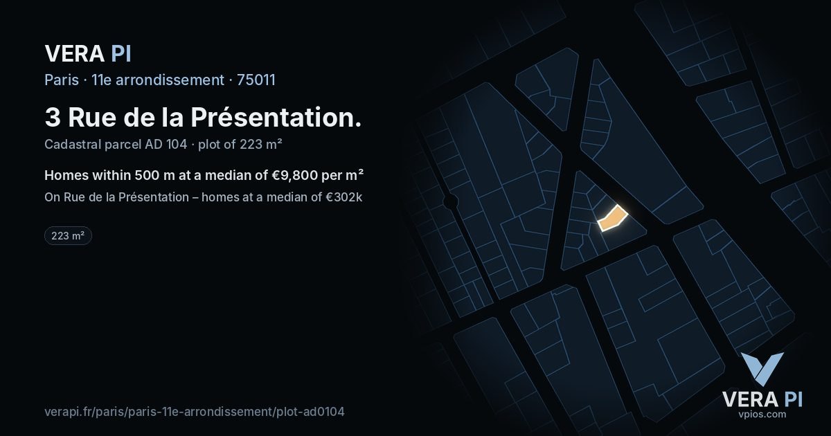 3 Rue de la Présentation, 11e arrondissement at night – the plot lit, the parcels around coloured by the prices near them