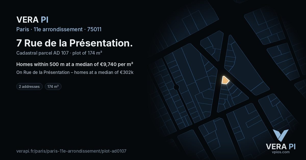 7 Rue de la Présentation, 11e arrondissement at night – the plot lit, the parcels around coloured by the prices near them