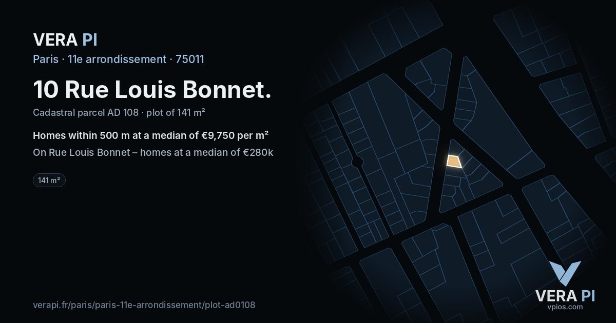 10 Rue Louis Bonnet, 11e arrondissement at night – the plot lit, the parcels around coloured by the prices near them