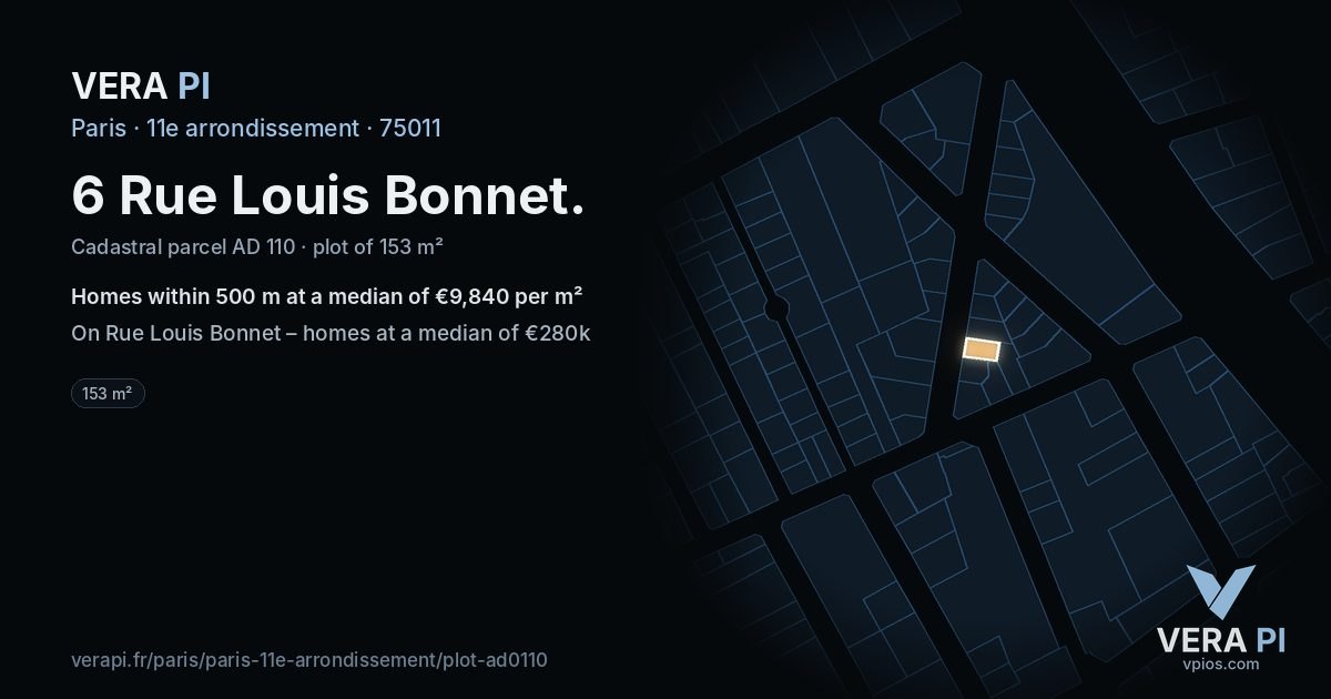 6 Rue Louis Bonnet, 11e arrondissement at night – the plot lit, the parcels around coloured by the prices near them
