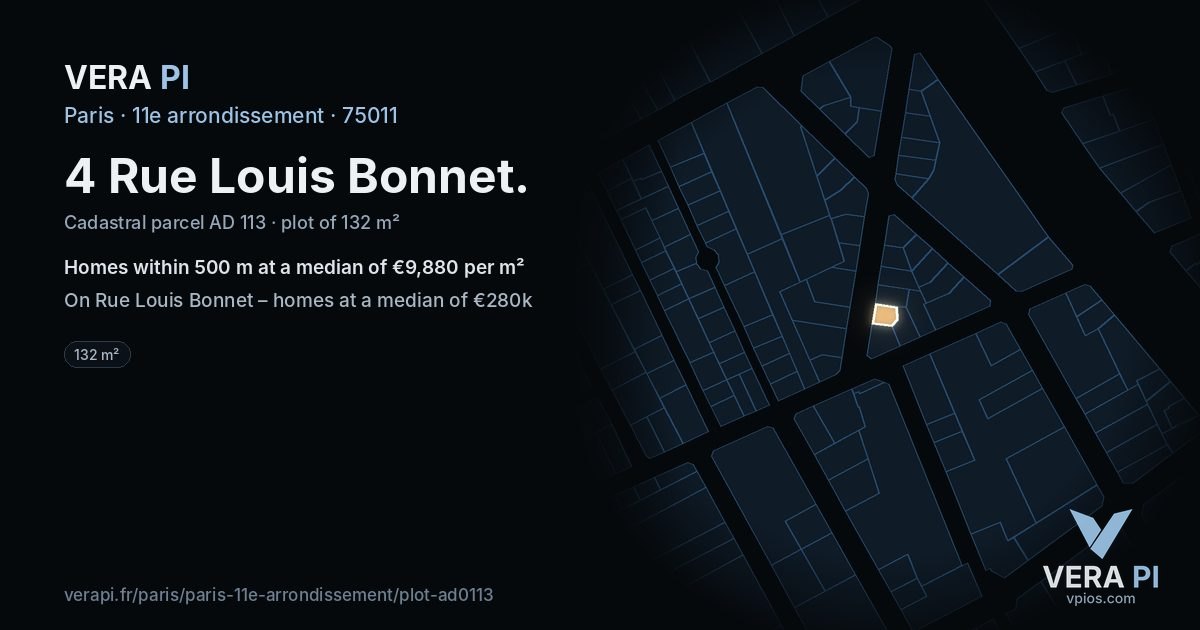 4 Rue Louis Bonnet, 11e arrondissement at night – the plot lit, the parcels around coloured by the prices near them