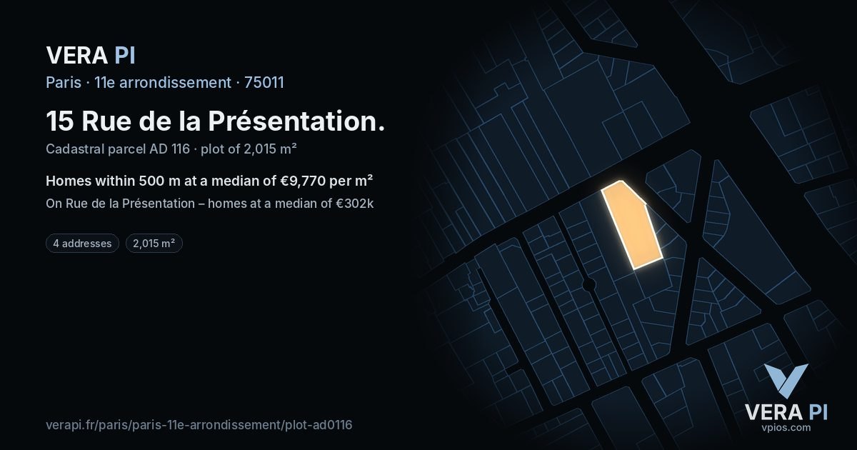 15 Rue de la Présentation, 11e arrondissement at night – the plot lit, the parcels around coloured by the prices near them