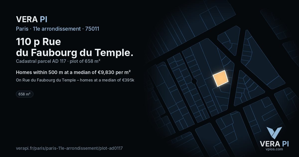 110 p Rue du Faubourg du Temple, 11e arrondissement at night – the plot lit, the parcels around coloured by the prices near them