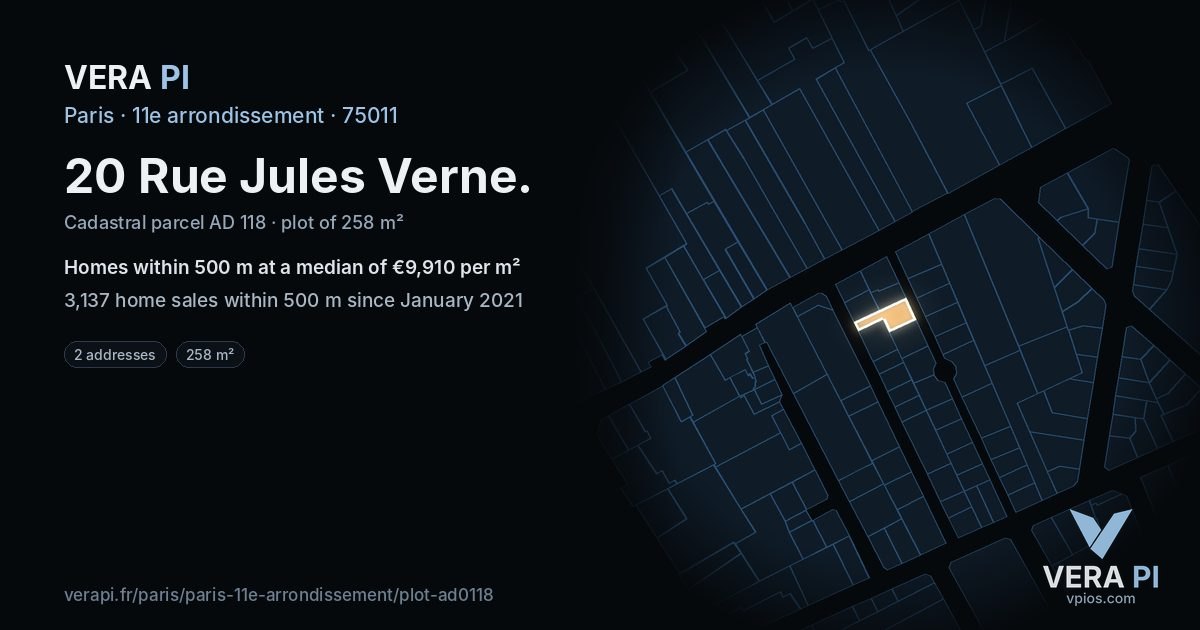 20 Rue Jules Verne, 11e arrondissement at night – the plot lit, the parcels around coloured by the prices near them