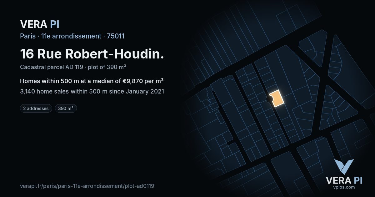 16 Rue Robert-Houdin, 11e arrondissement at night – the plot lit, the parcels around coloured by the prices near them