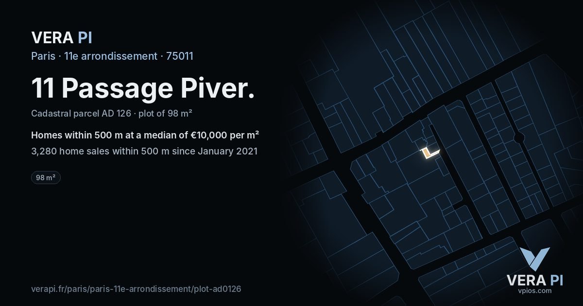 11 Passage Piver, 11e arrondissement at night – the plot lit, the parcels around coloured by the prices near them