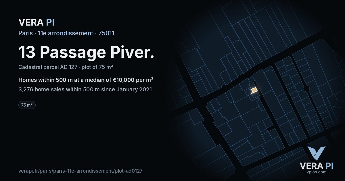 13 Passage Piver, 11e arrondissement at night – the plot lit, the parcels around coloured by the prices near them