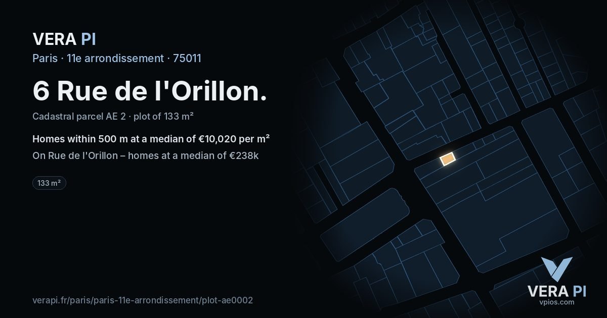 6 Rue de l'Orillon, 11e arrondissement at night – the plot lit, the parcels around coloured by the prices near them