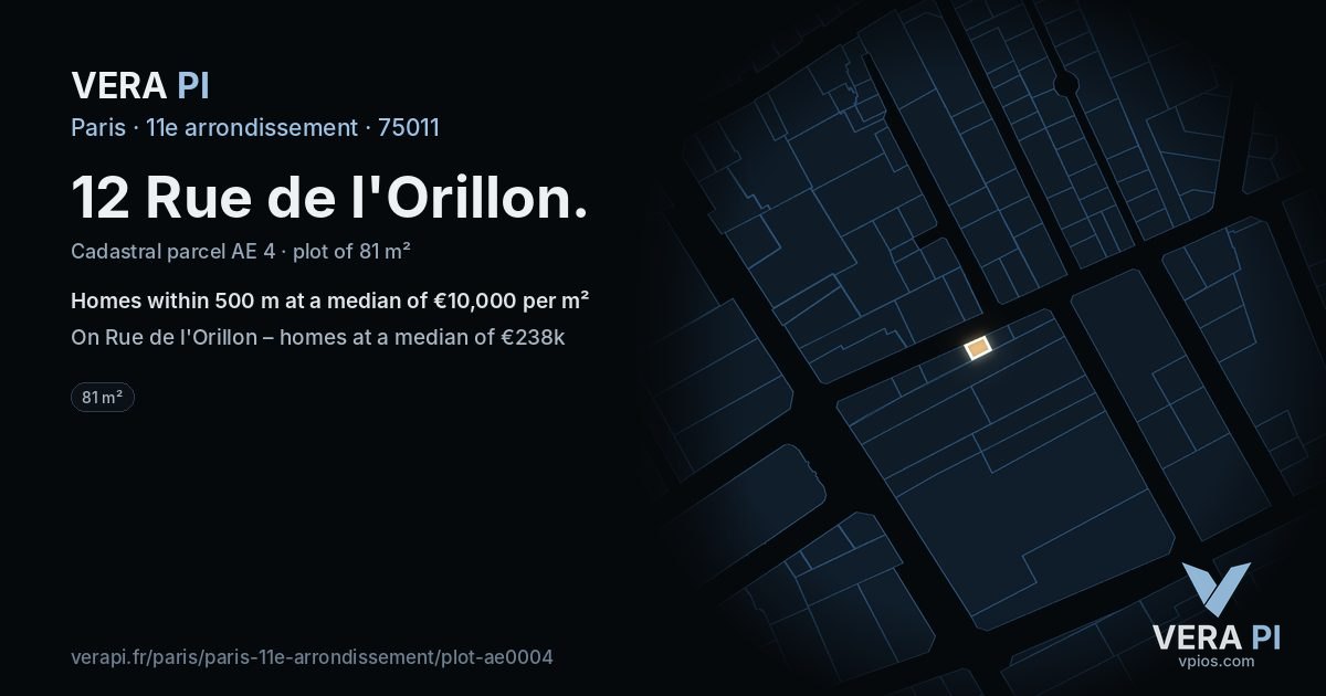 12 Rue de l'Orillon, 11e arrondissement at night – the plot lit, the parcels around coloured by the prices near them