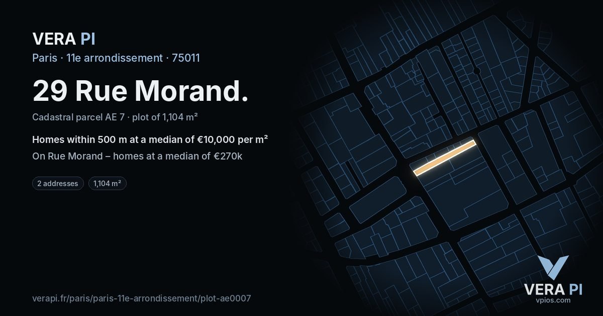 29 Rue Morand, 11e arrondissement at night – the plot lit, the parcels around coloured by the prices near them