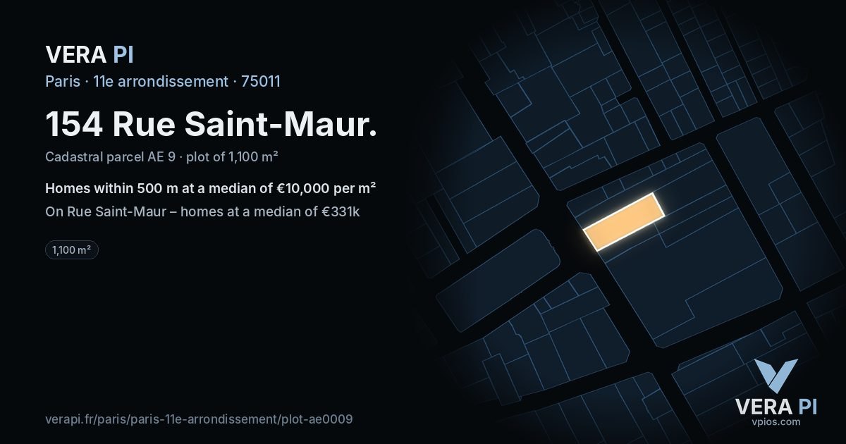 154 Rue Saint-Maur, 11e arrondissement at night – the plot lit, the parcels around coloured by the prices near them