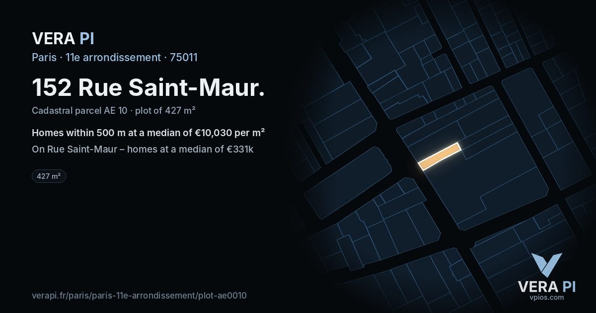 152 Rue Saint-Maur, 11e arrondissement at night – the plot lit, the parcels around coloured by the prices near them