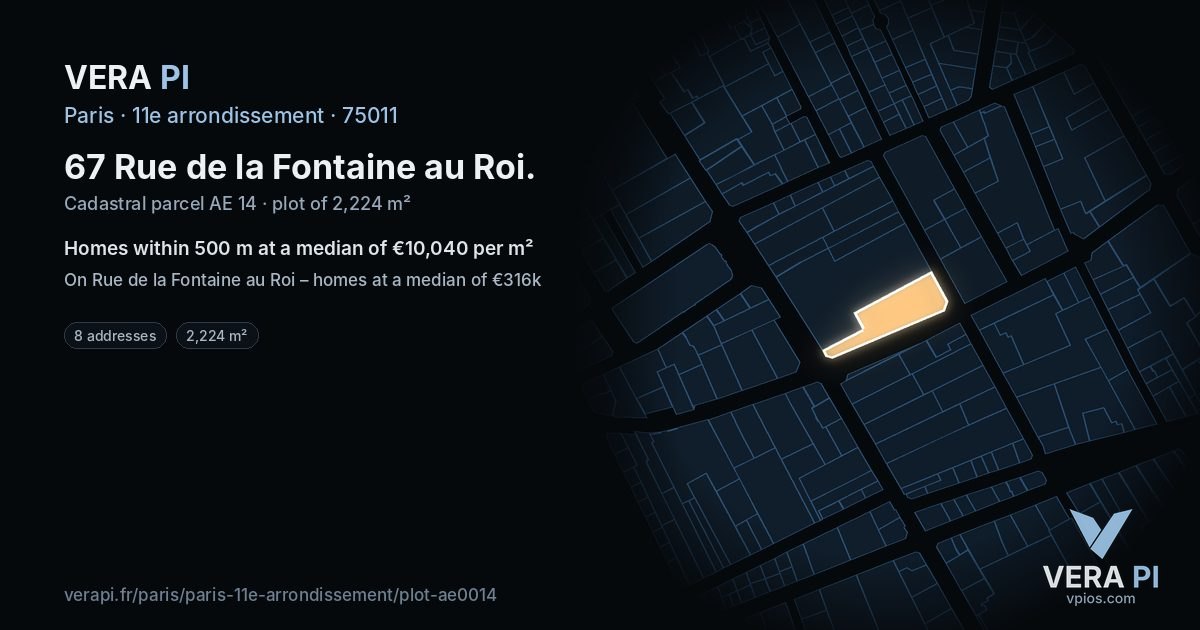 67 Rue de la Fontaine au Roi, 11e arrondissement at night – the plot lit, the parcels around coloured by the prices near them