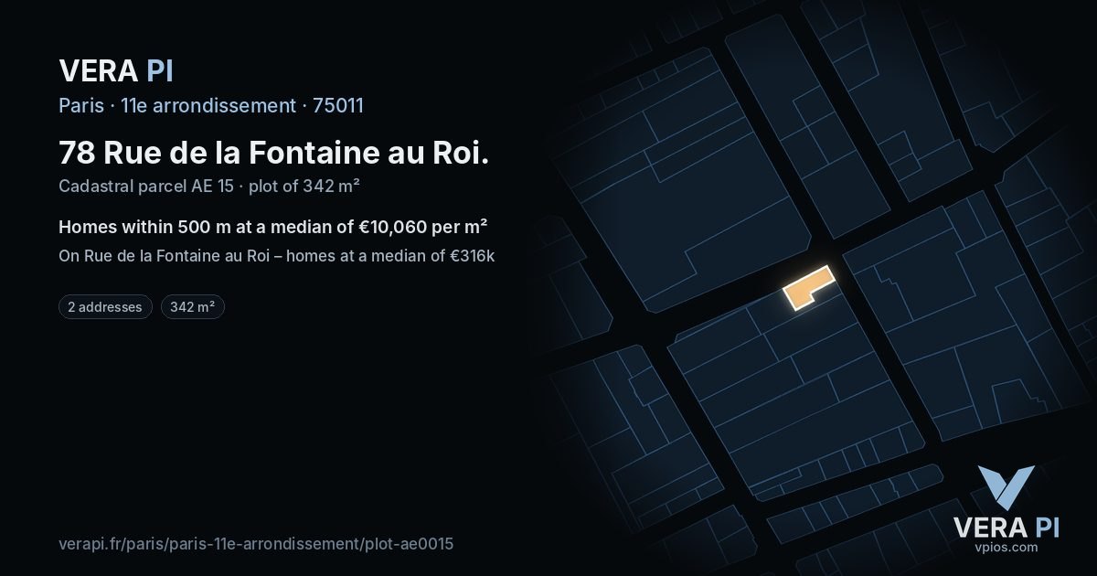 78 Rue de la Fontaine au Roi, 11e arrondissement at night – the plot lit, the parcels around coloured by the prices near them