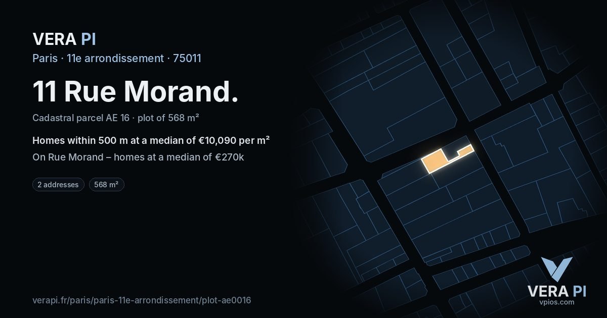 11 Rue Morand, 11e arrondissement at night – the plot lit, the parcels around coloured by the prices near them