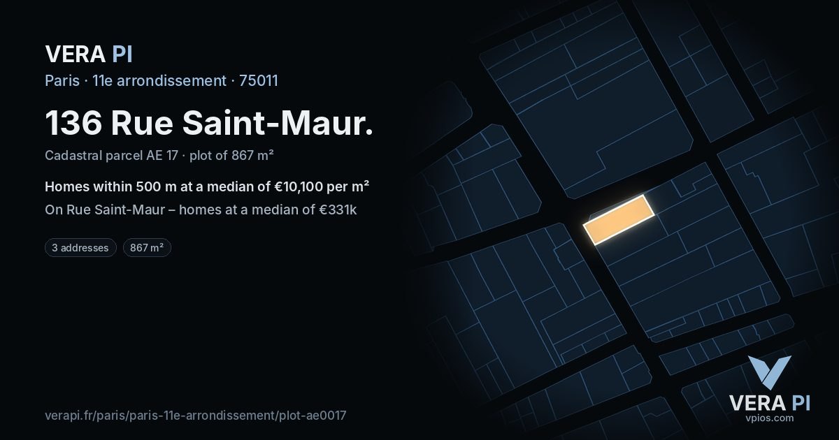 136 Rue Saint-Maur, 11e arrondissement at night – the plot lit, the parcels around coloured by the prices near them