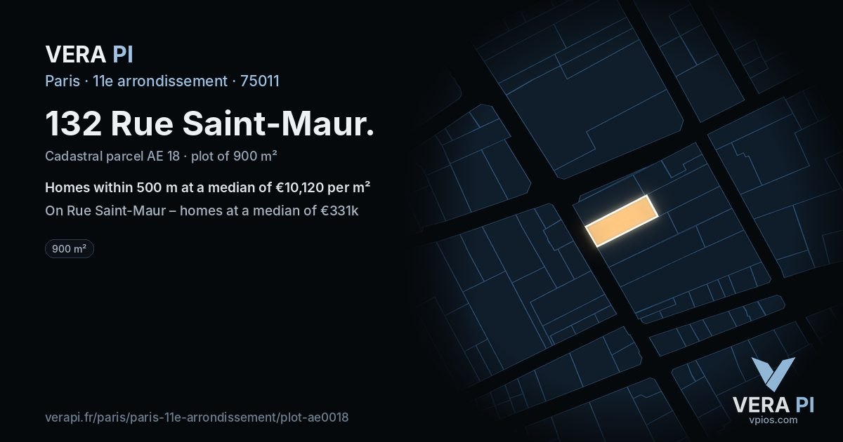 132 Rue Saint-Maur, 11e arrondissement at night – the plot lit, the parcels around coloured by the prices near them