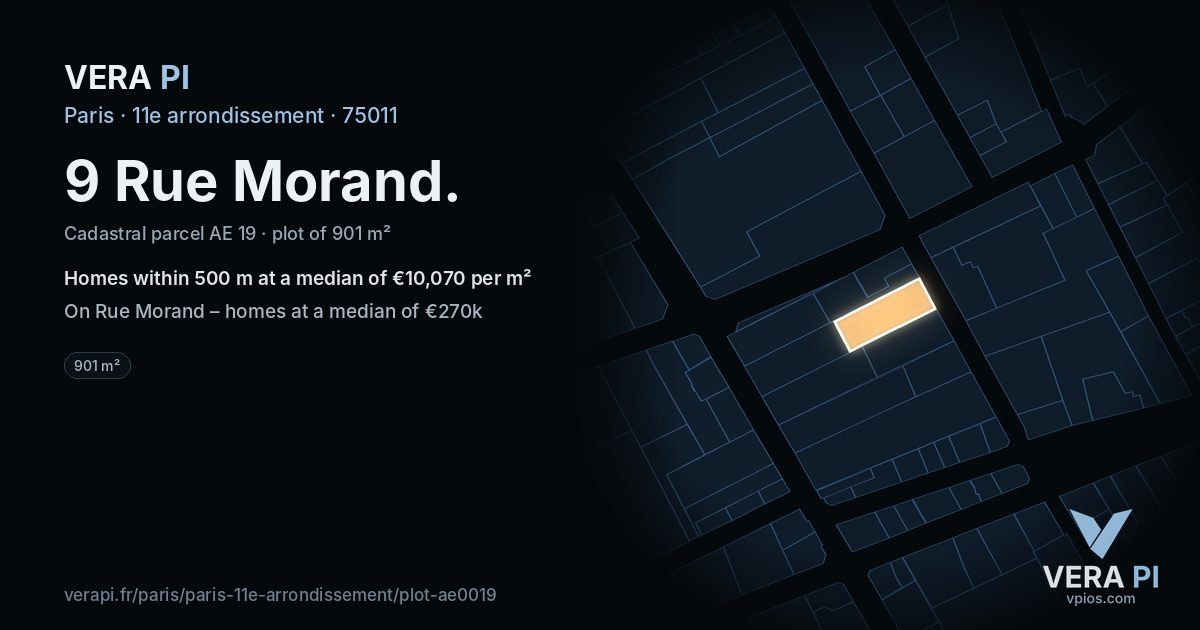 9 Rue Morand, 11e arrondissement at night – the plot lit, the parcels around coloured by the prices near them