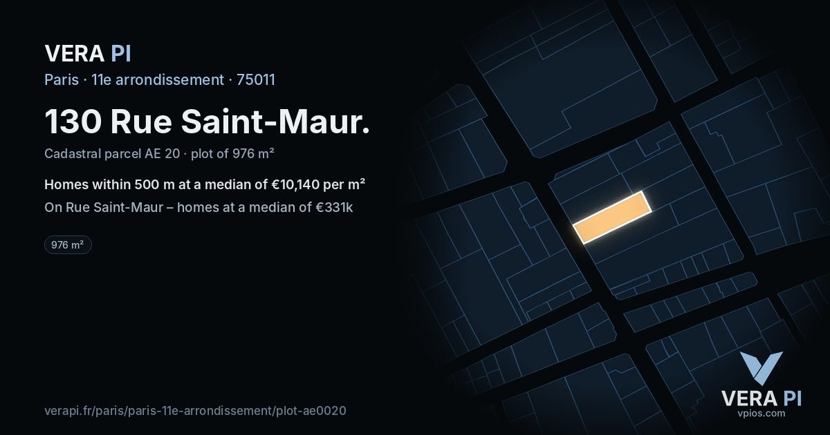 130 Rue Saint-Maur, 11e arrondissement at night – the plot lit, the parcels around coloured by the prices near them