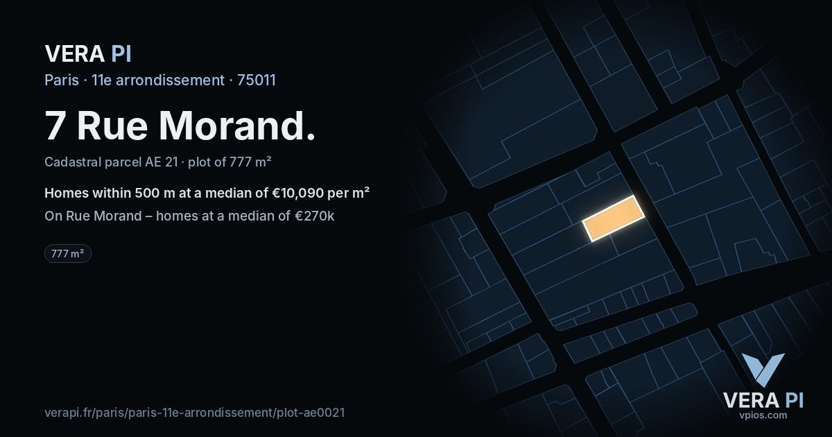 7 Rue Morand, 11e arrondissement at night – the plot lit, the parcels around coloured by the prices near them
