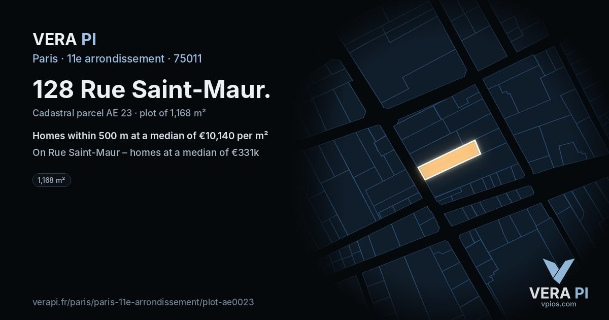 128 Rue Saint-Maur, 11e arrondissement at night – the plot lit, the parcels around coloured by the prices near them