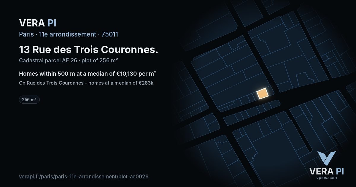 13 Rue des Trois Couronnes, 11e arrondissement at night – the plot lit, the parcels around coloured by the prices near them
