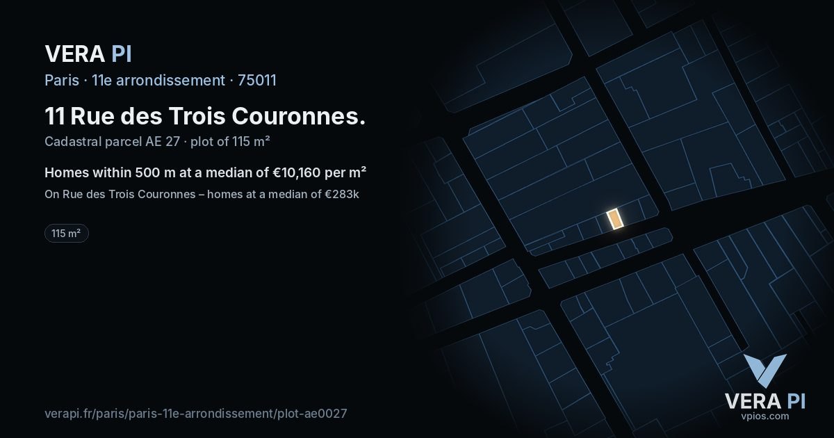 11 Rue des Trois Couronnes, 11e arrondissement at night – the plot lit, the parcels around coloured by the prices near them